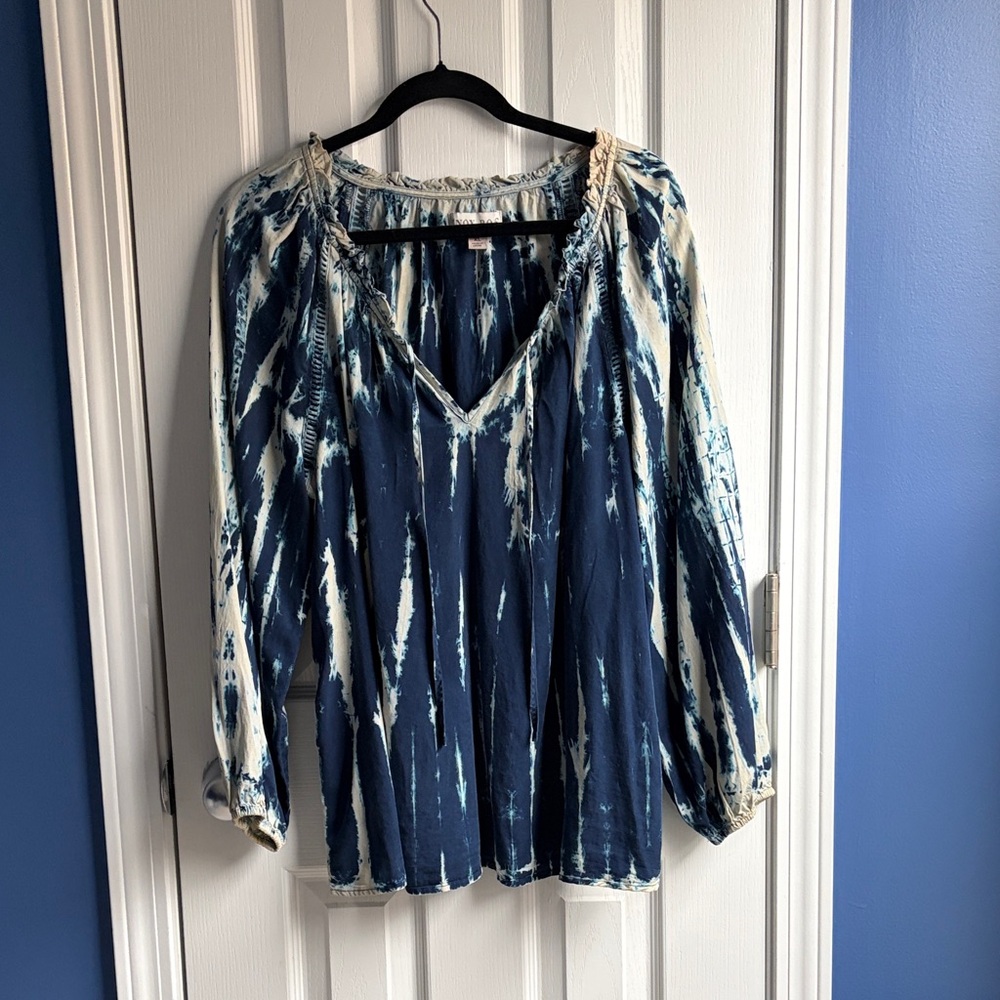 Knox Rose Women's XL Blue Tie Dye Blouse Ruffle Split Neckline Boho Peasant LS - Picture 4 of 13